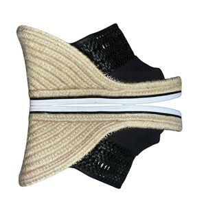 Toms Monica Mule Wedge Espadrille Slip On Sandal Black Basketweave Boho Size 10